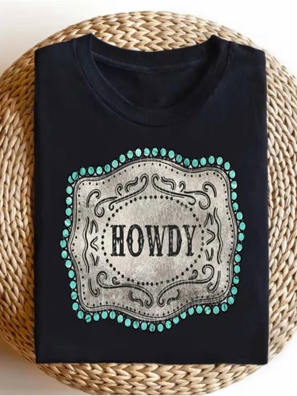 Western T-shirt Howdy Graphic Tee - Black with Turquoise Accent